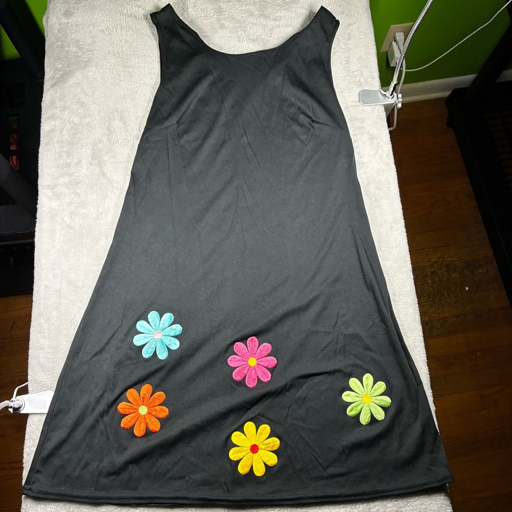 Vintage Style Black Sleeveless A-Line Dress Colorful Daisy Floral Applique
